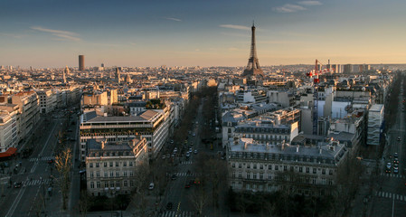 City skyline with Eiffel Tower at sunset, Paris, France