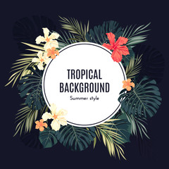Summer tropical hawaiian background with palm tree leavs and