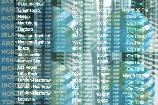 Information Destination board at an airport overlaid onto four globes