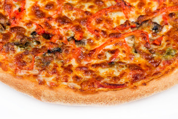 round hot pizza close up top view