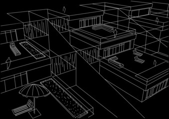 linear architectural sketch terraced houses black background