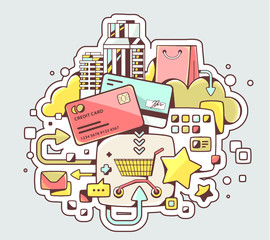 Fototapeta premium Vector color illustration of online cashless payment via credit