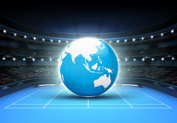 blue world map placed on a blue court set on Asia