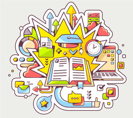 Vector colorful illustration of education with open book and gra
