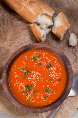 tomatos soup puree on crushed brown paper