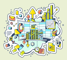 Vector color illustration of analytical work on light background