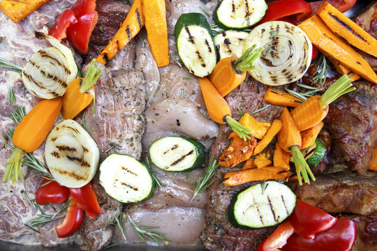 Mixed Raw Meat And Grilled Vegetables Marinating Ready For Barbecue.