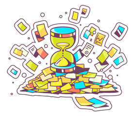 Vector color illustration of sandglass and business documents on