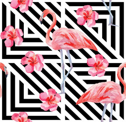 flamingo and hibiscus pattern, geometric background
