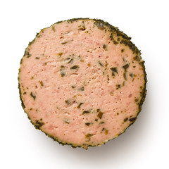 Round of smooth herb crusted liver pate.