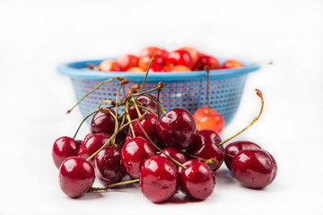 fresh cherry with drop the water in blue colander