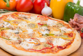 hot pizza with garnish and components