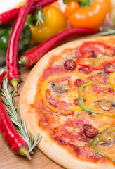 hot pizza with garnish and components
