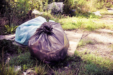 Illegal dumping in the nature; garbage bags left in the nature