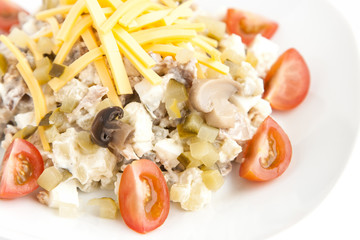 Mixed salad with muchrooms, cheese, tomatos