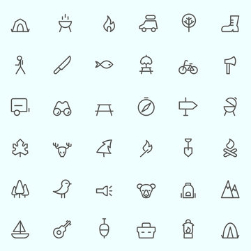 Camping icons, simple and thin line design