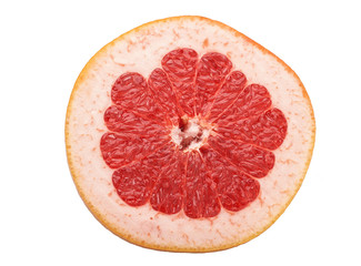 sliced raw red grapefruit on white