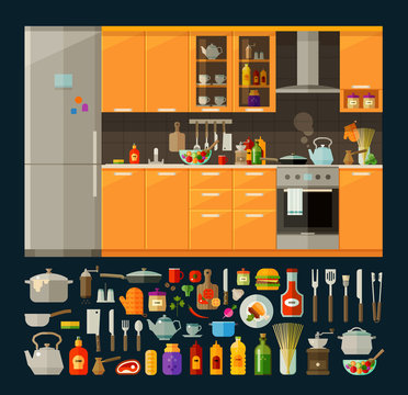 cooking icons set. modern kitchen furniture and utensils, food