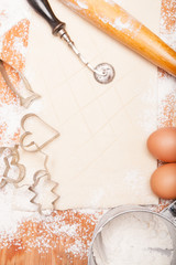 pastry, rolling pin, eggs and figures for cookies