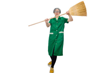 Woman with sweeping brush isolated on white