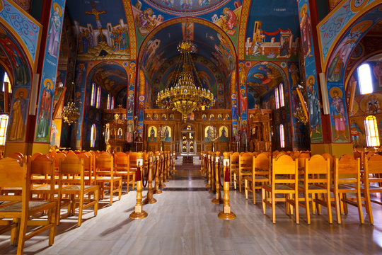 Interior of a Greek orthodox church in Nafpaktos village in Western Greece