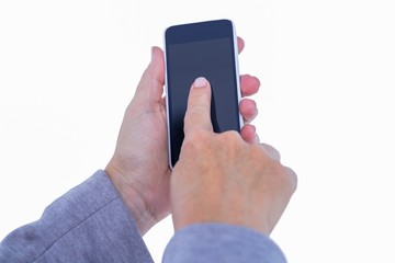 Hand of woman touching smartphone