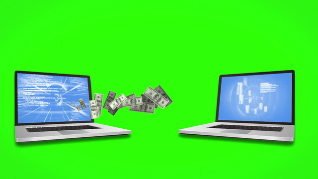 Money coming out and coming in of laptops on green screen backgr