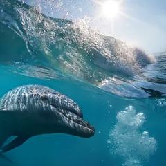Photo sur Aluminium Dauphin Un portrait de plan rapproché de dauphin sous la vague d& 39 éclaboussure de surf dans les rayons du soleil sous l& 39 eau