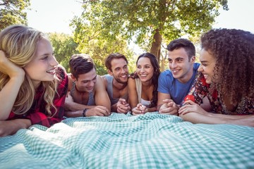 Happy friends in the park having picnic