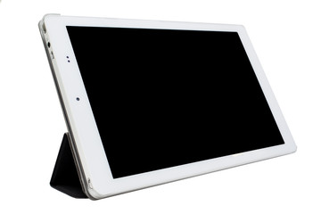 White tablet with standing case isolated.