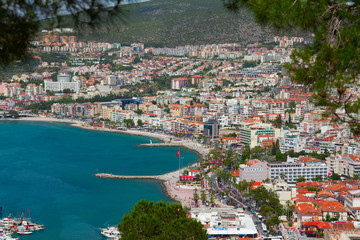The aerial view of Kusadasi town with main quay. Aegean coast