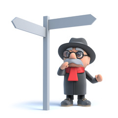 3d Old man looks at a road sign