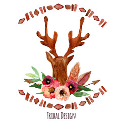Vector watercolor deer head with flowers, leaves and arrows in tribal style. Creative design for card, web design background, book cover.EPS10
