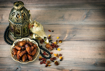 Dates, arabic lamps and rosary. Islamic holidays vintage decorat