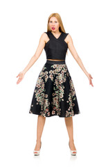 Woman in floral dark skirt isolated on white