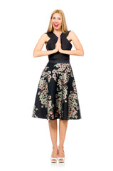 Woman in floral dark skirt isolated on white