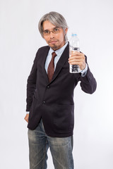 business man drinking water on white background
