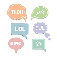 Simple abbreviations speech bubbles. LOL and THX, OMG, pls