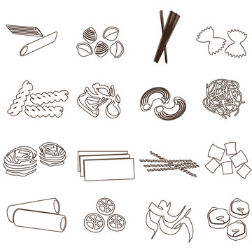 types of pasta food outline icons set eps10