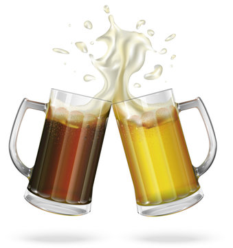 Two mugs with ale, light or dark beer. Mug with beer. Vector