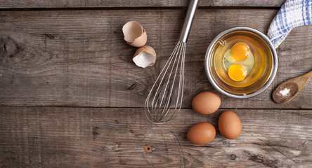 rough background with the ingredients for a cake (butter, egg, milk , flour)