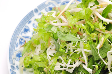 Dish of Vietnamese herbs on a white background