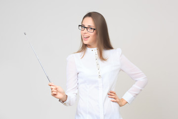 teacher holding pointer isolated on white background