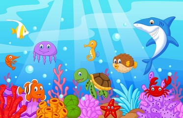 Naklejka premium Życie morskie kreskówka z zestawem kolekcji ryb