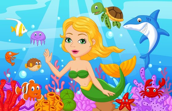 Cute mermaid cartoon with fish collection set
