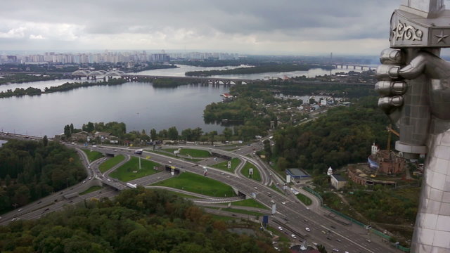 Aerial footage of Kiev. Cars, heels, road crossing, Dnepr (Dnipro) river