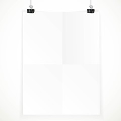 White paper hanging on two binders isolated on a white background