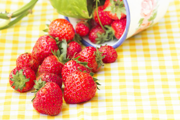 Strawberries in a rustic cup and tablecloth