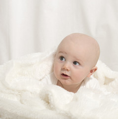 Beautiful Baby Boy with White Background & Blanket in Studio