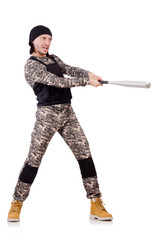 Young man in military uniform holding bat isolated on white